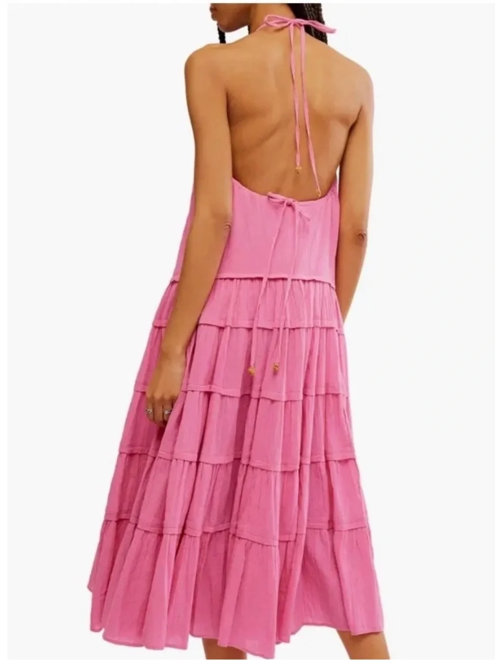 Free People Somewhere Sunny Open-Back Tiered Halter Midi Dress Size Medium NWT - Picture 2 of 14